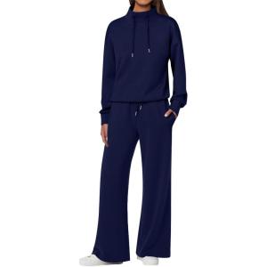 imageANRABESS Womens 2 Piece Outfits Sweatsuit Set 2025 Fall Drawstring Sweatshirt Wide Leg Sweatpant Lounge Set TracksuitNavy Blue