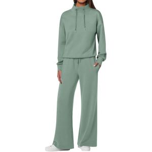 imageANRABESS Womens 2 Piece Outfits Sweatsuit Set 2025 Fall Drawstring Sweatshirt Wide Leg Sweatpant Lounge Set TracksuitPea Green