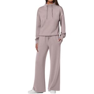 imageANRABESS Womens 2 Piece Outfits Sweatsuit Set 2025 Fall Drawstring Sweatshirt Wide Leg Sweatpant Lounge Set TracksuitRed Apricot