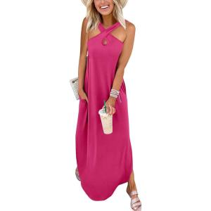 imageANRABESS Womens Casual Summer Maxi Dress Sexy Slit Side Sleeveless Loose Beach Long Sundress Vacation Outfits with PocketsHot Pink