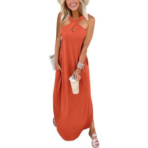 imageANRABESS Womens Casual Summer Maxi Dress Sexy Slit Side Sleeveless Loose Beach Long Sundress Vacation Outfits with PocketsOrange