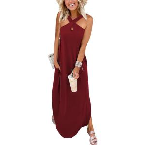 imageANRABESS Womens Casual Summer Maxi Dress Sexy Slit Side Sleeveless Loose Beach Long Sundress Vacation Outfits with PocketsWine Red