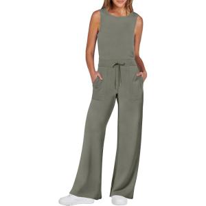 imageANRABESS Womens Jumpsuits 2025 Spring Fall Thick Casual Romper Sleeveless Wide Leg Pants One Piece Outfits Vacation ClothesArmy Green