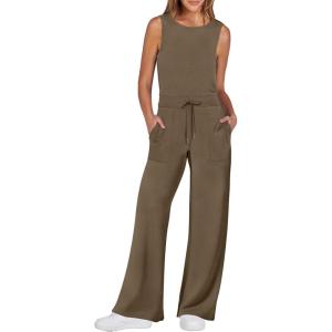 imageANRABESS Womens Jumpsuits 2025 Spring Fall Thick Casual Romper Sleeveless Wide Leg Pants One Piece Outfits Vacation ClothesCoffee