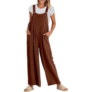 imageANRABESS Womens Jumpsuits Overalls Linen Wide Leg Jumpers Casual Summer Fall Outfits 2025 Beach Vacation Clothes with PocketsDark Brown