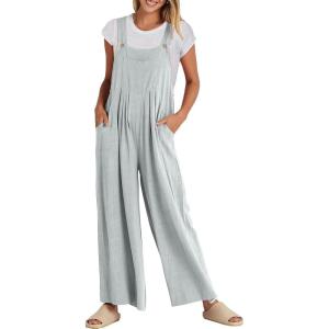 imageANRABESS Womens Jumpsuits Overalls Linen Wide Leg Jumpers Casual Summer Fall Outfits 2025 Beach Vacation Clothes with PocketsLight Gray