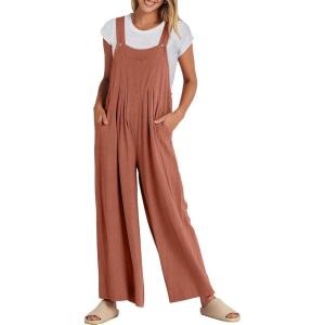 imageANRABESS Womens Jumpsuits Overalls Linen Wide Leg Jumpers Casual Summer Fall Outfits 2025 Beach Vacation Clothes with PocketsRust