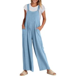 imageANRABESS Womens Jumpsuits Overalls Linen Wide Leg Jumpers Casual Summer Fall Outfits 2025 Beach Vacation Clothes with PocketsSky