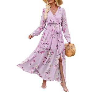 imageANRABESS Womens Long Sleeve Floral Maxi Dress Boho Flowy Wrap Slit V Neck Beach Fall Wedding Guest Party Vacation DressesFloral Purple