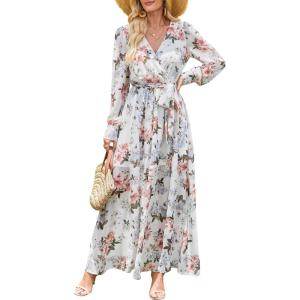 imageANRABESS Womens Long Sleeve Floral Maxi Dress Boho Flowy Wrap Slit V Neck Beach Fall Wedding Guest Party Vacation DressesFloral White
