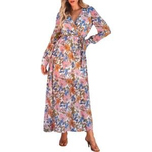 imageANRABESS Womens Long Sleeve Floral Maxi Dress Boho Flowy Wrap Slit V Neck Beach Fall Wedding Guest Party Vacation DressesOrange Pink Floral