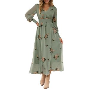 imageANRABESS Womens Long Sleeve Floral Maxi Dress Casual V Neck Chiffon Boho Flowy Beach Fall Wedding Guest Party Long DressesFloral Green