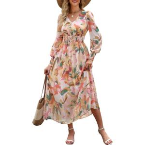 imageANRABESS Womens Long Sleeve Floral Maxi Dress Casual V Neck Chiffon Boho Flowy Beach Fall Wedding Guest Party Long DressesFloral Orange