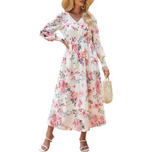 imageANRABESS Womens Long Sleeve Floral Maxi Dress Casual V Neck Chiffon Boho Flowy Beach Fall Wedding Guest Party Long DressesFloral Pink