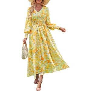 imageANRABESS Womens Long Sleeve Floral Maxi Dress Casual V Neck Chiffon Boho Flowy Beach Fall Wedding Guest Party Long DressesFloral Yellow Orange