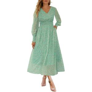 imageANRABESS Womens Long Sleeve Floral Maxi Dress Casual V Neck Chiffon Boho Flowy Beach Fall Wedding Guest Party Long DressesGreen White Point
