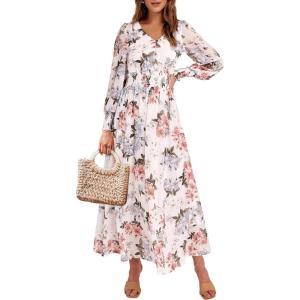 imageANRABESS Womens Long Sleeve Floral Maxi Dress Casual V Neck Chiffon Boho Flowy Beach Fall Wedding Guest Party Long DressesWhite Flor