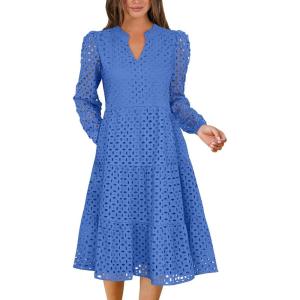 imageANRABESS Womens Long Sleeve V Neck MIdi Dresses Hollow Out Eyelet Casual Tiered 2025 Fall Beach Vacation Dress with PocketsBlue