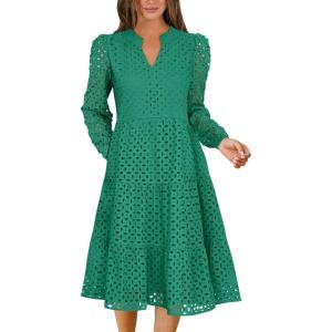 imageANRABESS Womens Long Sleeve V Neck MIdi Dresses Hollow Out Eyelet Casual Tiered 2025 Fall Beach Vacation Dress with PocketsGreen