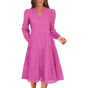 imageANRABESS Womens Long Sleeve V Neck MIdi Dresses Hollow Out Eyelet Casual Tiered 2025 Fall Beach Vacation Dress with PocketsHot Pink