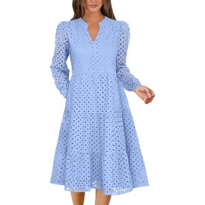 imageANRABESS Womens Long Sleeve V Neck MIdi Dresses Hollow Out Eyelet Casual Tiered 2025 Fall Beach Vacation Dress with PocketsLight Blue
