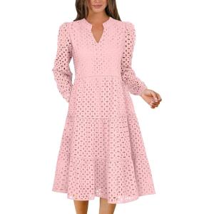 imageANRABESS Womens Long Sleeve V Neck MIdi Dresses Hollow Out Eyelet Casual Tiered 2025 Fall Beach Vacation Dress with PocketsPink