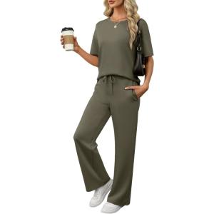 imageANRABESS Womens Lounge Sets 2 Piece Outfits Summer Casual Short Sleeve Sweatsuits Matching Tracksuits Wide Leg Pant SetArmy Green