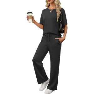 imageANRABESS Womens Lounge Sets 2 Piece Outfits Summer Casual Short Sleeve Sweatsuits Matching Tracksuits Wide Leg Pant SetBlack
