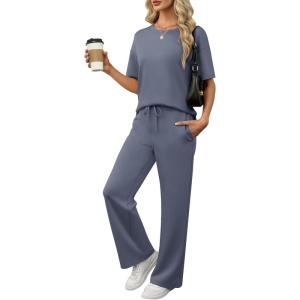 imageANRABESS Womens Lounge Sets 2 Piece Outfits Summer Casual Short Sleeve Sweatsuits Matching Tracksuits Wide Leg Pant SetDeep Gray