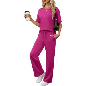 imageANRABESS Womens Lounge Sets 2 Piece Outfits Summer Casual Short Sleeve Sweatsuits Matching Tracksuits Wide Leg Pant SetHot Pink