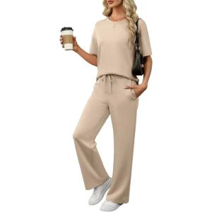 imageANRABESS Womens Lounge Sets 2 Piece Outfits Summer Casual Short Sleeve Sweatsuits Matching Tracksuits Wide Leg Pant SetKhaki