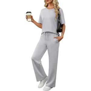 imageANRABESS Womens Lounge Sets 2 Piece Outfits Summer Casual Short Sleeve Sweatsuits Matching Tracksuits Wide Leg Pant SetLight Grey