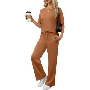 imageANRABESS Womens Lounge Sets 2 Piece Outfits Summer Casual Short Sleeve Sweatsuits Matching Tracksuits Wide Leg Pant SetRust