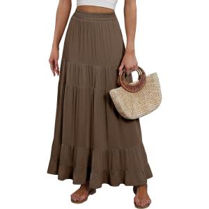 imageANRABESS Womens Maxi Skirt Elastic High Waist Swing Tiered Aline Flowy Pleated Boho Beach Vacation Long SkirtsCoffee