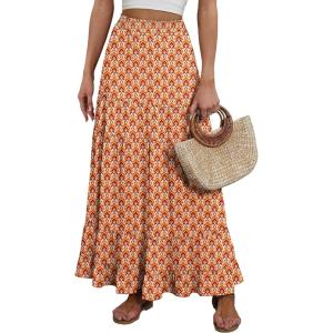 imageANRABESS Womens Maxi Skirt Elastic High Waist Swing Tiered Aline Flowy Pleated Boho Beach Vacation Long SkirtsFloral Orange