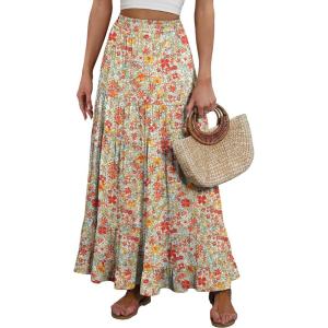 imageANRABESS Womens Maxi Skirt Elastic High Waist Swing Tiered Aline Flowy Pleated Boho Beach Vacation Long SkirtsFloral Orange Red