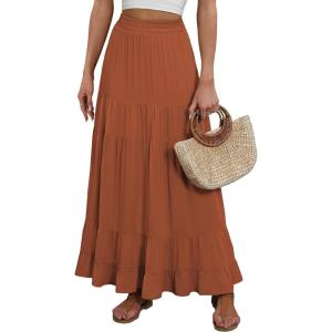 imageANRABESS Womens Maxi Skirt Elastic High Waist Swing Tiered Aline Flowy Pleated Boho Beach Vacation Long SkirtsRust