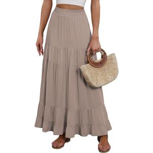 imageANRABESS Womens Maxi Skirt Elastic High Waist Swing Tiered Aline Flowy Pleated Boho Beach Vacation Long SkirtsTan Brown