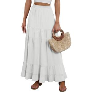imageANRABESS Womens Maxi Skirt Elastic High Waist Swing Tiered Aline Flowy Pleated Boho Beach Vacation Long SkirtsWhite