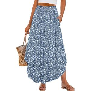 imageANRABESS Womens Maxi Skirts Summer Boho Floral High Waisted Flowy Swing Pleated Beach Long Skirt with PocketsFloral Blue