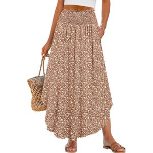 imageANRABESS Womens Maxi Skirts Summer Boho Floral High Waisted Flowy Swing Pleated Beach Long Skirt with PocketsFloral Brown