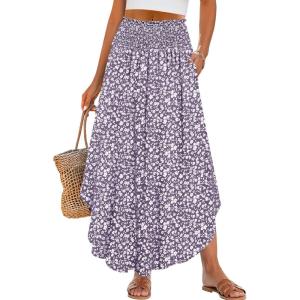 imageANRABESS Womens Maxi Skirts Summer Boho Floral High Waisted Flowy Swing Pleated Beach Long Skirt with PocketsFloral Gray Purple