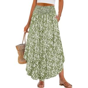 imageANRABESS Womens Maxi Skirts Summer Boho Floral High Waisted Flowy Swing Pleated Beach Long Skirt with PocketsFloral Green