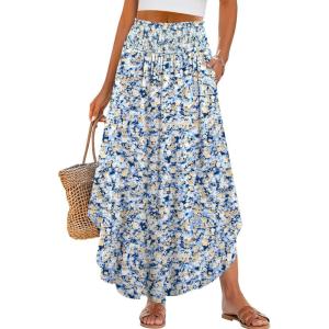 imageANRABESS Womens Maxi Skirts Summer Boho Floral High Waisted Flowy Swing Pleated Beach Long Skirt with PocketsFloral Light Blue