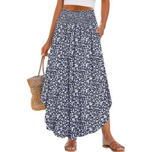 imageANRABESS Womens Maxi Skirts Summer Boho Floral High Waisted Flowy Swing Pleated Beach Long Skirt with PocketsFloral Navy Blue