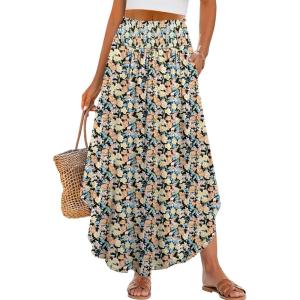 imageANRABESS Womens Maxi Skirts Summer Boho Floral High Waisted Flowy Swing Pleated Beach Long Skirt with PocketsFloral Orange Yellow
