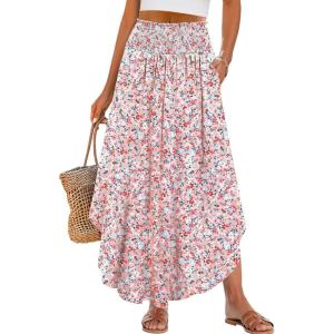imageANRABESS Womens Maxi Skirts Summer Boho Floral High Waisted Flowy Swing Pleated Beach Long Skirt with PocketsFloral Pink