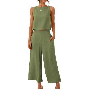 imageANRABESS Womens Summer 2 Piece Outfits Sleeveless Crop Top Capri Wide Leg Pants Jumpsuit Linen Lounge Beach Travel SetsArmy Green