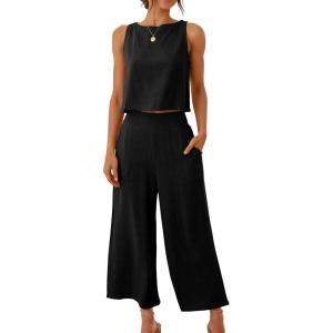 imageANRABESS Womens Summer 2 Piece Outfits Sleeveless Crop Top Capri Wide Leg Pants Jumpsuit Linen Lounge Beach Travel SetsBlack