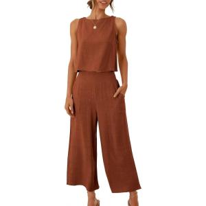 imageANRABESS Womens Summer 2 Piece Outfits Sleeveless Crop Top Capri Wide Leg Pants Jumpsuit Linen Lounge Beach Travel SetsBrick Red